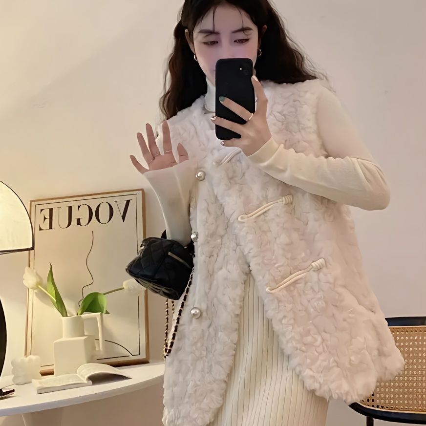 Women'S Fashion Gilet - سترات نسائية من لامب قطيفة بيضاء