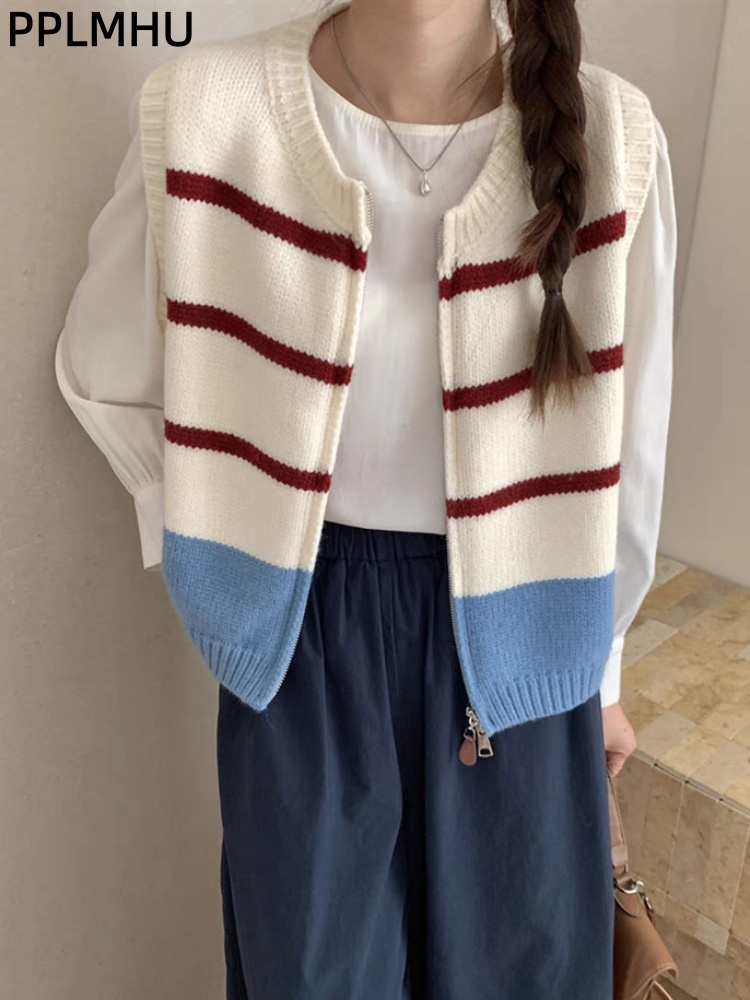 Women'S Fashion Gilet - مخطط سستة سترة محبوك سترة المرأة