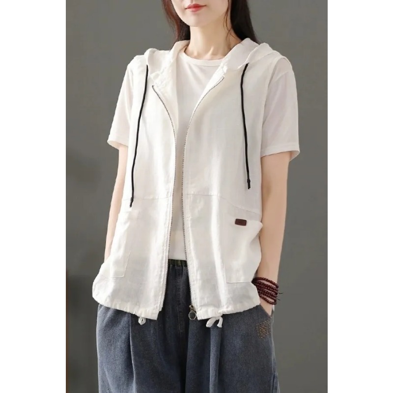 Women'S Fashion Gilet - سترة نسائية بيضاء من مزيج الكتان