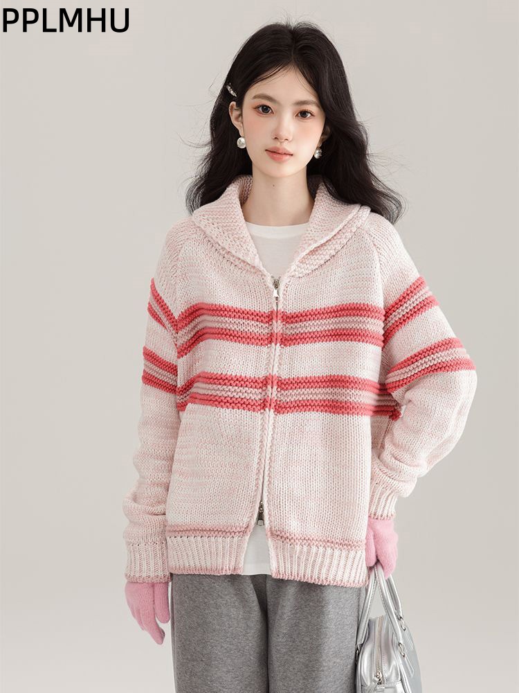 Women'S Fashion Gilet - بدوره إلى أسفل طوق مخطط سترة
